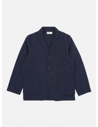 Universal Works Three Button Jacket in Navy Cotton Pinstripe paiement sécurisé