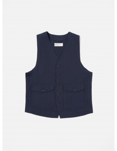 Universal Works Field Waistcoat in Navy Cotton Pinstripe Voir les baskets