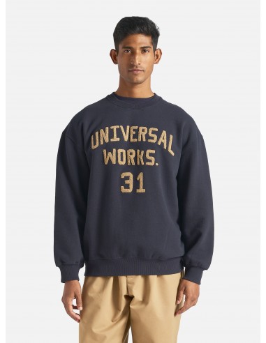 Universal Works Embroidered Sweatshirt in Navy Brush Back Sweat sur le site 